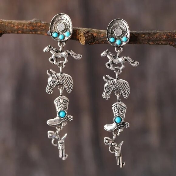 Southwest Style Earrings Pierced Silver Tone Horse Cowboy Cowgirl Boots - Picture 3 of 4